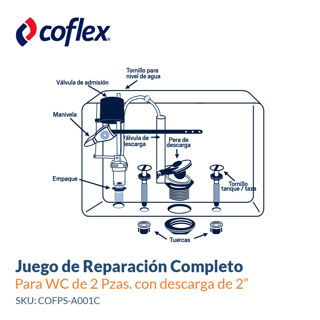 Juego de Reparación Completo para Sanitario de 2 Pzas. con Descarga de 2” - COFLEX PS-A001